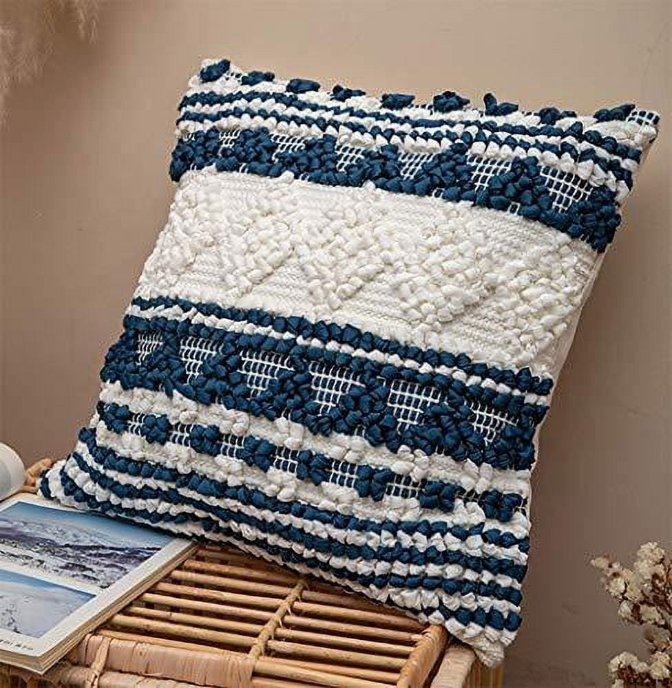 Handmade Blue and White Geometric Cotton Blend Throw Pillow 18" x 18"