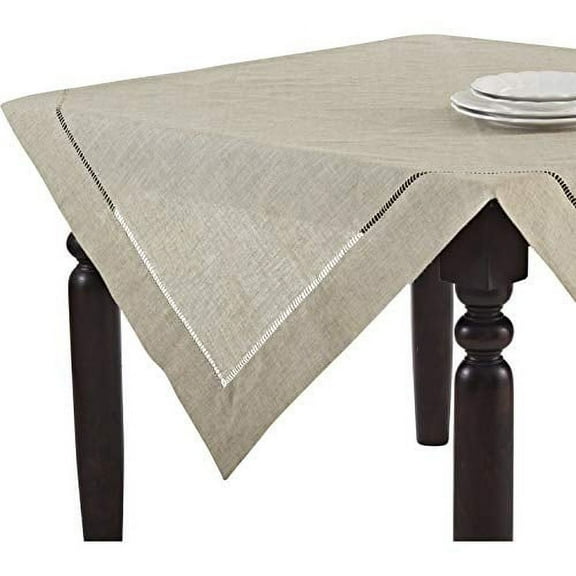 Fennco Styles Handmade Hemstitch Design Natural Tablecloth 80"W x 80"L