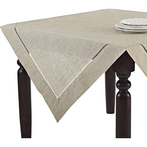 Fennco Styles Handmade Hemstitch Design Natural Tablecloth 80"W x 80"L