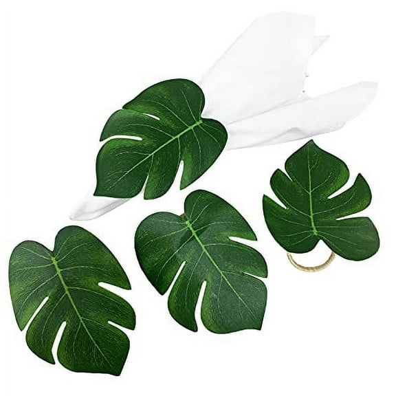 Fennco Styles Handmade Monstera Leaf Decorative Napkin Rings, Set of 4 - Green Tropical Palm Leaves Napkin Holders for Home, Dining Room, Banquet, Family Gathering, Holiday and Special Occasion