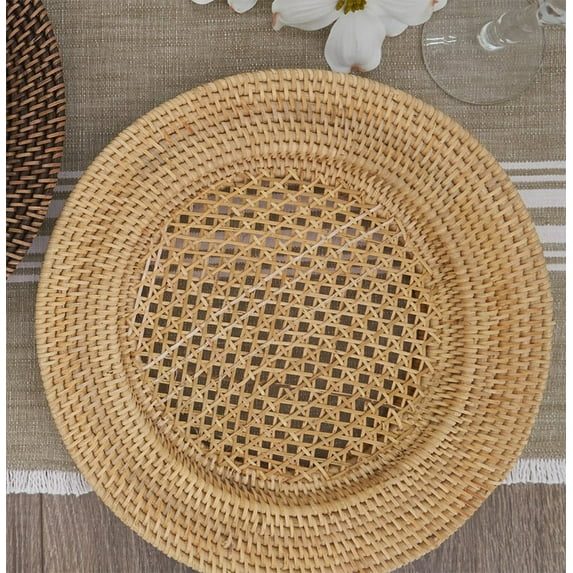 Fennco Styles Handmade Rattan Decorative Charger Plates 13" Round, Set of 4 - Natural Woven Charger Plates for Banquets, Family Dinners, Special Events and Home Dcor