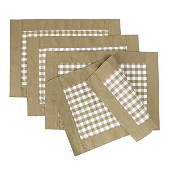 Fennco Styles Handmade Reversible Buffalo Plaid Solid Border Beige Placemats 14" W x 20" L, Set of 4