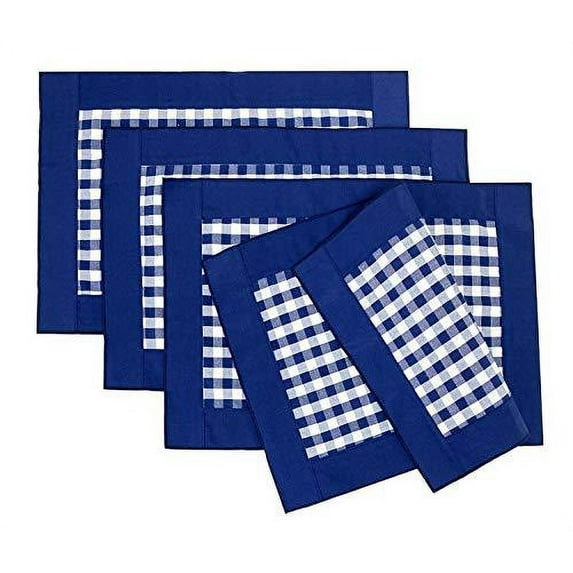 Fennco Styles Handmade Reversible Buffalo Plaid Solid Border Navy Blue Placemats 14" W x 20" L, Set of 4
