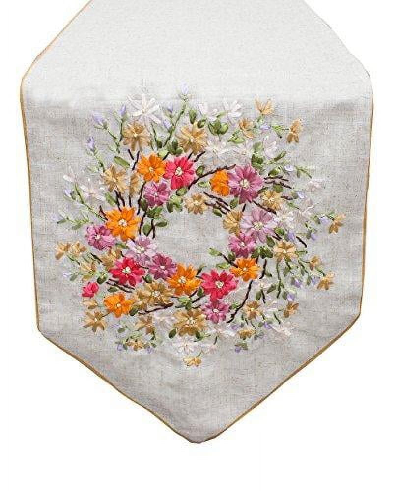 Fennco Styles Handmade Ribbon Embroidery Flower Decorative Linen Table Runner 13 x 72 Inch