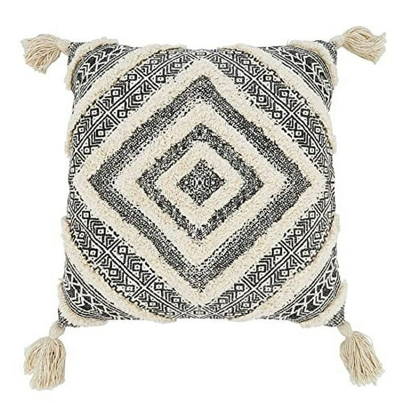Fennco Styles Handmade Tufted Diamond Block Print Cotton Decorative Throw Pillow Cover 20" W x 20" L - Black Square Cushion Case for Home, Couch, Bedroom, Living Room and Office Décor