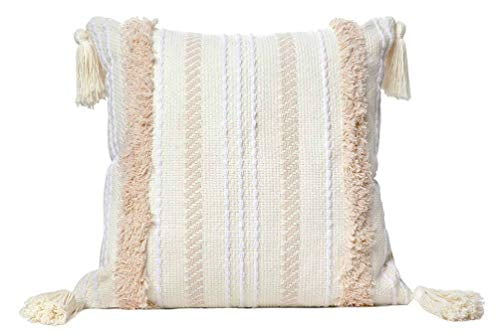 Fennco Styles Handmade Tufted Woven Tassel Decorative Throw Pillow Cover 20" W x 20" L - White Boho Cushion Case for Home, Couch, Living Room, Bedroom, Office Décor