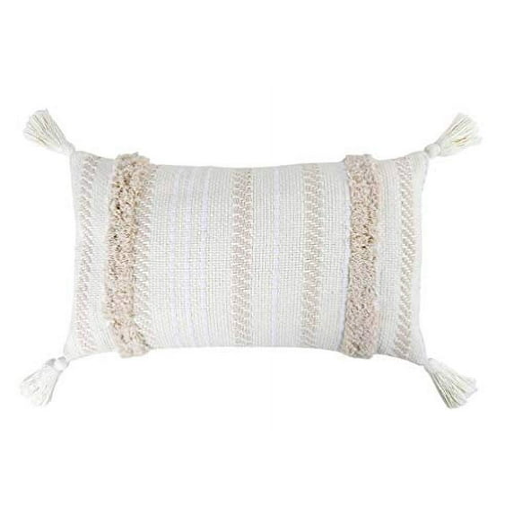 Fennco Styles Handmade Tufted Woven Tassel Decorative Throw Pillow Cover & Insert 12" W x 20" L - White Boho Cushion for Home, Couch, Living Room, Bedroom, Office Décor …