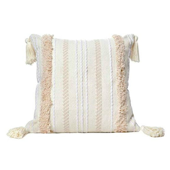 Fennco Styles Handmade Tufted Woven Tassel Decorative Throw Pillow Cover & Insert 20" W x 20" L - White Boho Cushion for Home, Couch, Bedroom, Living Room Office Décor