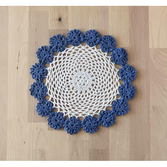 Fennco Styles Handmade Two-Tone Floral Crochet Tray Doilies, 9" Round, 1-Piece - Carolina Blue Cloth Placemats for Everyday Use, Holidays, Home Décor, Cocktail Party, Tea Party, Special Occasion