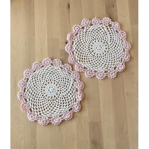 Fennco Styles Handmade Two-Tone Floral Crochet Tray Doilies, 9" Round, 2-Piece - Pink Cloth Placemats for Everyday Use, Holidays, Home Décor, Cocktail Party, Tea Party, Special Occasion