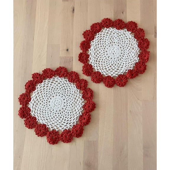 Fennco Styles Handmade Two-Tone Floral Crochet Tray Doilies, 9" Round, 2-Piece - Red Cloth Placemats for Everyday Use, Holidays, Home Décor, Cocktail Party, Tea Party, Special Occasion
