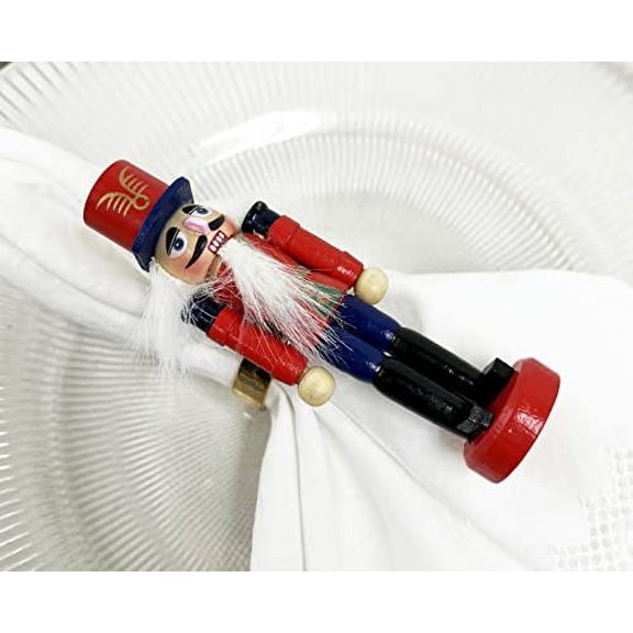 Fennco Styles Handmade Wooden Nutcracker Decorative Napkin Rings, Set of 4 - Red Festive Soldier Napkin Holders for Dining Table, Christmas, Holidays Décor and Special Occasions