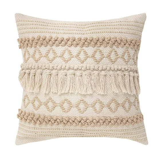 Fennco Styles Handwoven Diamond Tassel Decorative Throw Pillow Cover 18" W x 18" L - Natural Textured Boho Cushion Case for Home, Couch, Living Room, Bedroom and Office Décor