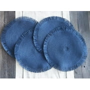 Fennco Styles Handwoven Fringe Boho Placemats 15" Round, Set of 4 - Navy Blue Braided Texture Table Mats for Home, Dining Room, Banquets, Family Gathering and Special Occasion