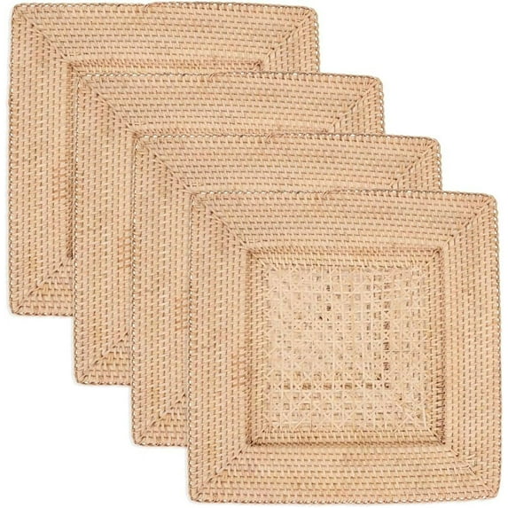 Fennco Styles Handwoven Rattan Decorative Charger Plates 13" W X 13" L, Set of 4 - Natural Charger Plates for Banquets, Family Dinners, Special Events and Home Décor