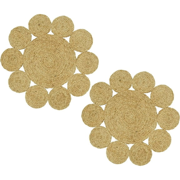 Fennco Styles Handwoven Round Jute Placemats 16" Round, Set of 2 - Natural Floral Shape Braided Table Mats Heat Resistant Insulation for Home, Boho Décor, Dining Table, Banquets, Special Events