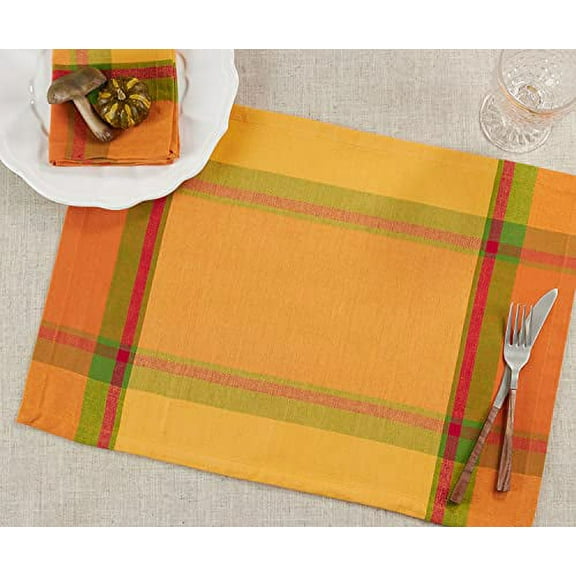 Fennco Styles Harvest Banded Border Design Cotton Placemats 14" W x 20" L, Set of 4 - Orange Holiday Table Mats for Everyday Use, Dining Table, Banquets and Thanksgiving