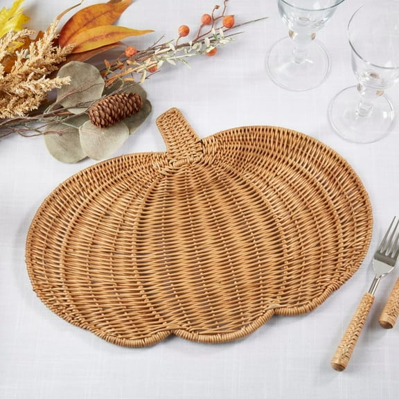 Fennco Styles Harvest Pumpkin Rattan Woven Placemat 13" W X 17" L, 1-Piece - Natural Rustic Fall Table Mat Heat Resistant Insulation for Home, Autumn Dining, Banquets, Special Events