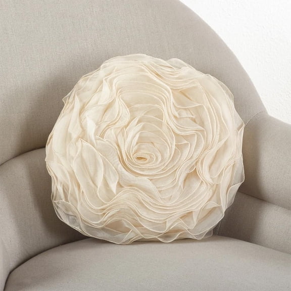 Fennco Styles Hayley Rose Chiffon Flower Decorative Filled Throw Pillow 13-Inch Round - Champagne Floral Accent Pillow for Home, Couch, Bedroom, Living Room, Office Décor