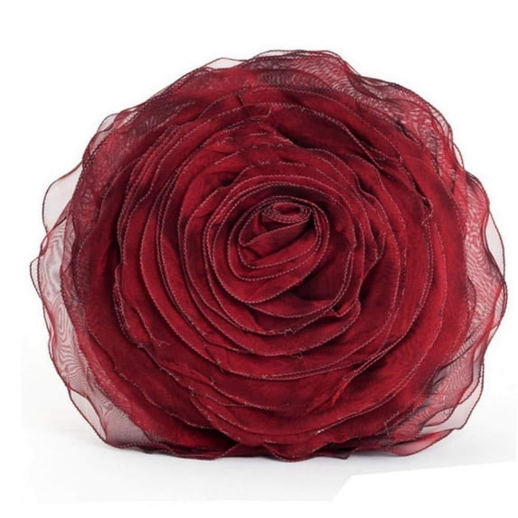 Fennco Styles Hayley Rose Chiffon Flower Decorative Filled Throw Pillow 16-Inch Round - Burgundy Floral Accent Pillow for Home, Couch, Bedroom, Living Room, Office Décor