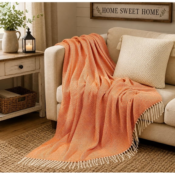 Fennco Styles Contemporary Herringbone Orange Throw, 50" x 60"