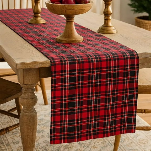 Fennco Styles Highland Holiday Red & Black Plaid Design Table Runner, 16"x54" Rectangular