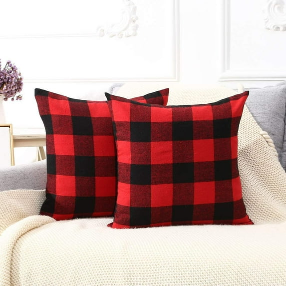 Fennco Styles Holiday Buffalo Check Decorative Cotton Throw Pillow Covers 20" W x 20" L, Set of 2 - Red Accent Cushion Cases for Couch, Living Room, Bedroom, Office and Christmas Décor