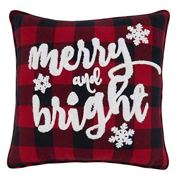 Fennco Styles Holiday Buffalo Plaid Merry and Bright Decorative Throw Pillow 16" W x 16" L - Red & Black Square Cushion for Christmas, Home, Couch, Office, Living Room Décor