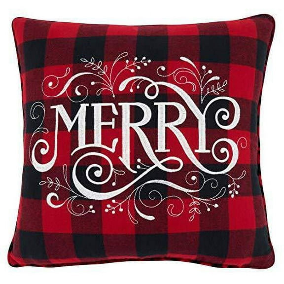 Fennco Styles Holiday Buffalo Plaid Merry Design Decorative Throw Pillow 16" W x 16" L - Red & Black Square Cushion for Christmas, Home, Couch, Office, Living Room DÃ©cor