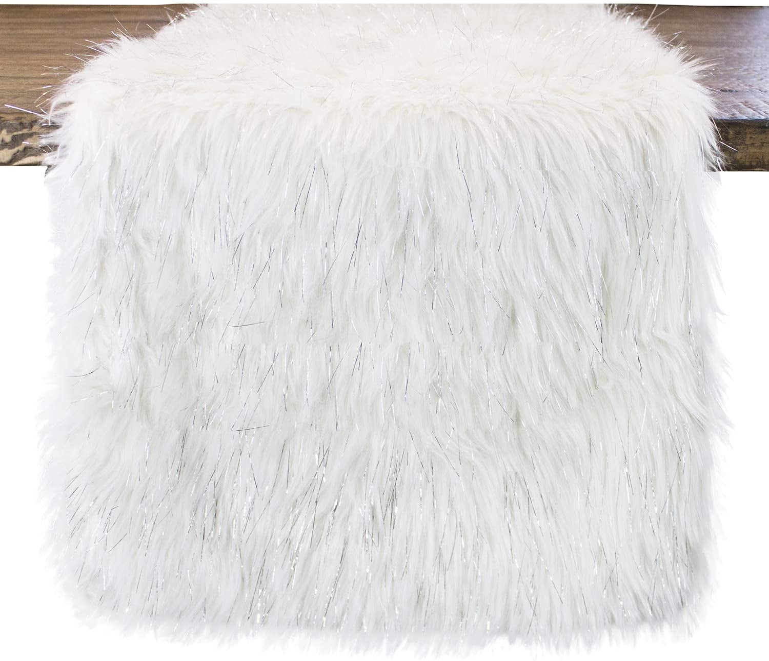 Fennco Styles Holiday Christmas Decorative Exquisite White Faux Fur with Silver Metallic Thread Table Runner 15" W x 90" L