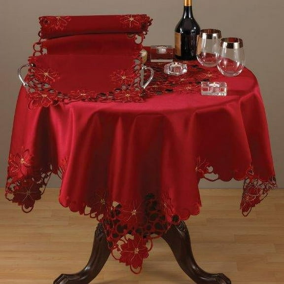Fennco Styles Holiday Christmas Embroidered and Cutwork Red Table Runner. 16"x72" Rectangular. One Piece