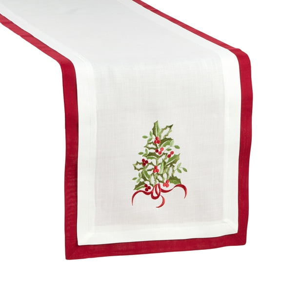 Fennco Styles Holiday Collection Country Double Layer Embroidered Holly 16 x 72 Inch Table Runner