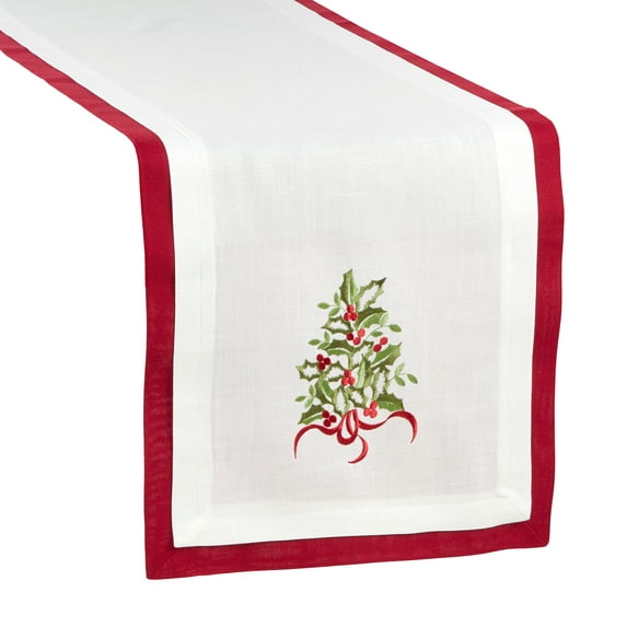 Fennco Styles Holiday Collection Country Double Layer Embroidered Holly 16 x 72 Inch Table Runner
