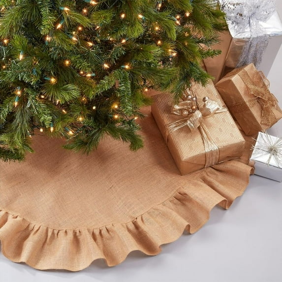 Fennco Styles Holiday Décor Ruffle Trim Jute Burlap Xmas Tree Skirt, 53-Inch Round (Natural, 53" Tree Skirt)