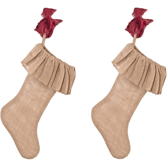 Fennco Styles Holiday Décor Ruffled Jute Stockings 13" W X 19" L, Set of 2 - Natural Burlap Christmas Stockings for Home, Office, Winter Holidays and Special Occasions
