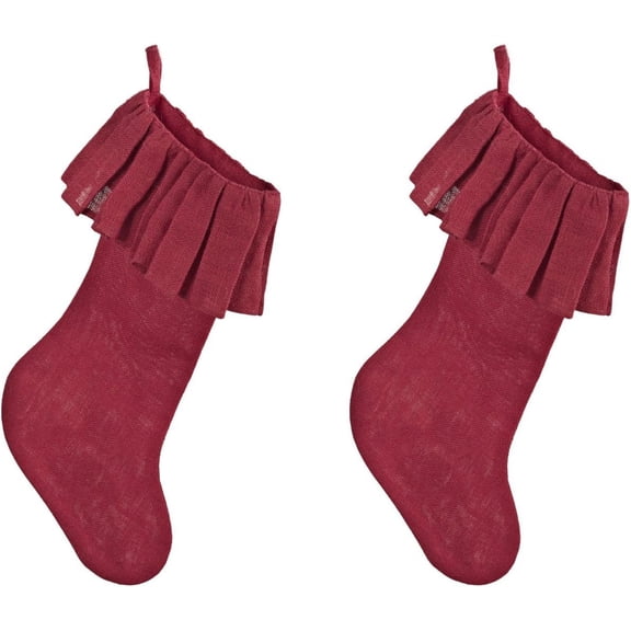 Fennco Styles Holiday Décor Ruffled Jute Stockings 13" W X 19" L, Set of 2 - Red Burlap Christmas Stockings for Home, Office, Winter Holidays and Special Occasions