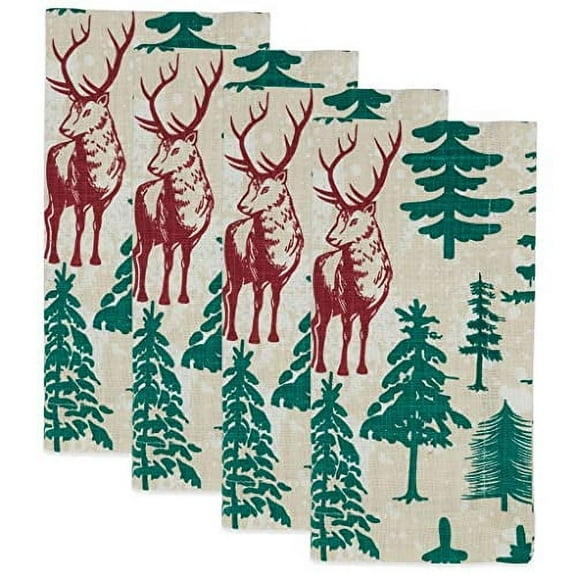 Fennco Styles Holiday Deer & Tree Christmas Cotton Cloth Napkins 20" W x 20" L, Set of 4 – Multicolor Festive Dinner Napkin for Winter Festivals, Holidays Décor, Family Gatherings and Special Events
