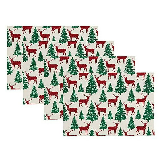 Fennco Styles Holiday Deer & Tree Christmas Cotton Placemats 14" W x 20" L, Set of 4 – Multicolor Festive Table Mats for Winter Festivals, Home Décor, Banquets, Family Gatherings and Special Events