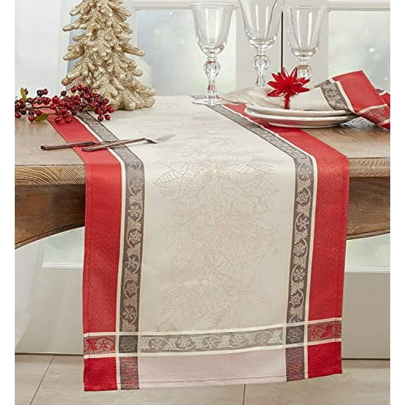 Fennco Styles Holiday Design Jacquard Christmas Table Runner 16"W x 108"L - Red Table Cover for Home, Dining Table, Banquets, Family Gathering and Special Occasion