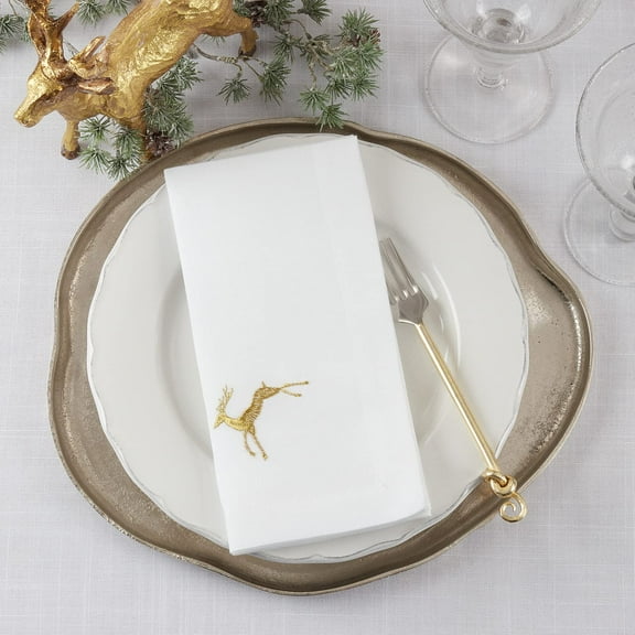 Fennco Styles Holiday Embroidered Gold Reindeer Cloth Napkins 20" W x 20" L, Set of 4 - White Elegant Dinner Napkins for Christmas Décor, Dining Table, Family Gatherings, Banquets and Special Events
