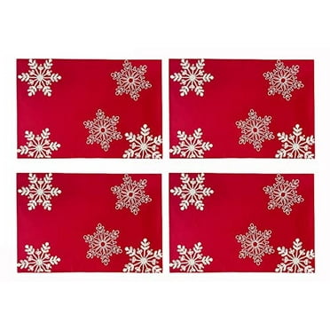 Fennco Styles Holiday Embroidered Snowflake Placemats 13" W x 19" L, Set of 4 - Red Festive Table Mats for Home Décor, Banquet, Family Gathering, Christmas and Special Occasion