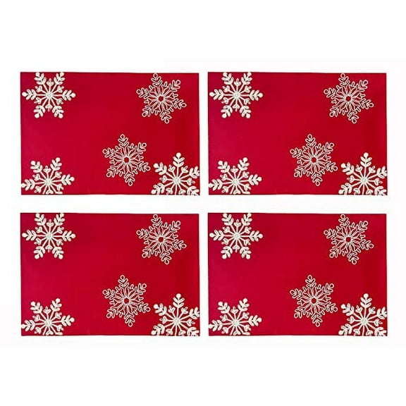 Fennco Styles Holiday Embroidered Snowflake Placemats 13" W x 19" L, Set of 4 - Red Festive Table Mats for Home Décor, Banquet, Family Gathering, Christmas and Special Occasion