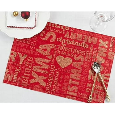 Fennco Styles Holiday Foil Print Christmas Placemats 13" W x 19" L, Set of 4 - Red Woven Table Mats for Home Décor, Banquet, Family Gathering, Christmas, Special Occasion