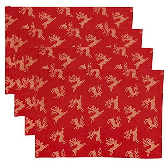 Fennco Styles Holiday Foil Print Reindeer Placemats 13" W x 19" L, Set of 4 - Red Woven Table Mats for Home Décor, Banquet, Family Gathering, Christmas, Special Occasion