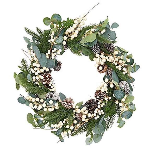 Fennco Styles Holiday Frosted Pinecone Eucalyptus and Winter Berry Wreath 26" Round - Green Christmas Wreath for Home, Front Door, Entryway, Wall and Window Decoration