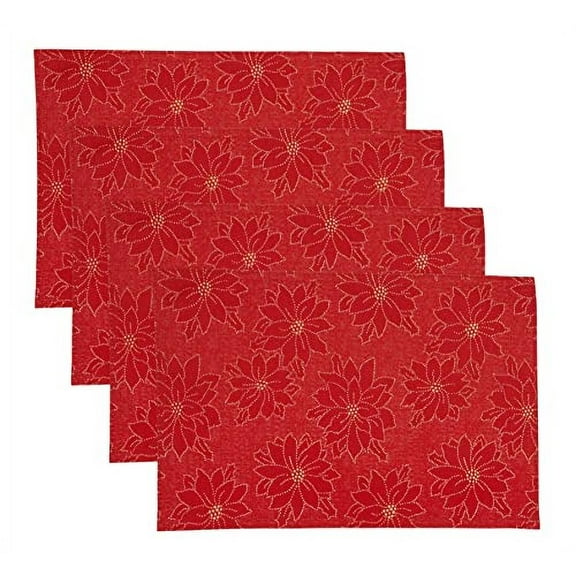 Fennco Styles Holiday Metallic Print Poinsettia Placemats 13" W x 19" L, Set of 4 - Red Woven Table Mats for Home Décor, Banquet, Family Gathering, Christmas, Special Occasion