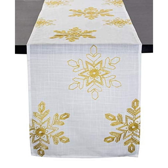 Fennco Styles Holiday Nivalis Collection Snowflake Design Decorative Table Runner 16"W x 108"L - Gold Table Cover for Home, Dining Table, Christmas Décor, Banquet, Family Gathering, Special Occasion