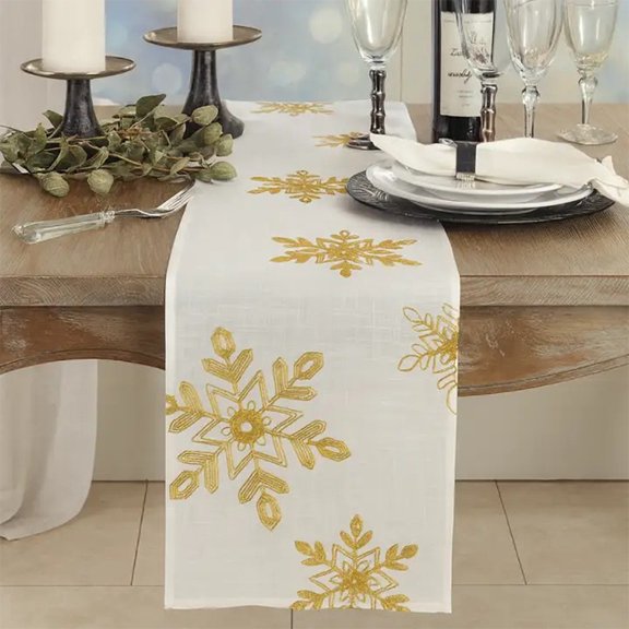 Fennco Styles Holiday Nivalis Collection Snowflake Design Decorative Table Runner 16"W x 108"L - Gold Table Cover for Home, Dining Table, Christmas Décor, Banquet, Family Gathering, Special Occasion
