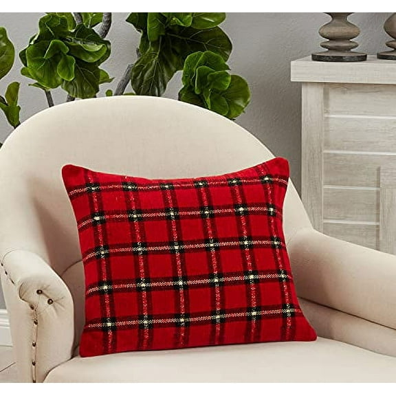 Fennco Styles Holiday Plaid Chenille Decorative Throw Pillow Cover 18"W x 18"L - Red Woven Cushion Case for Home, Couch, Living Room, Holidays, Christmas Décor and Special Occasion