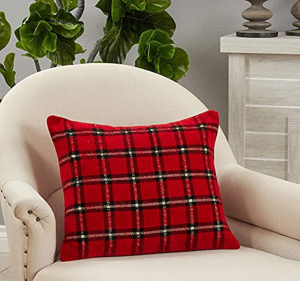 Red Plaid Chenille 18" Square Holiday Throw Pillow